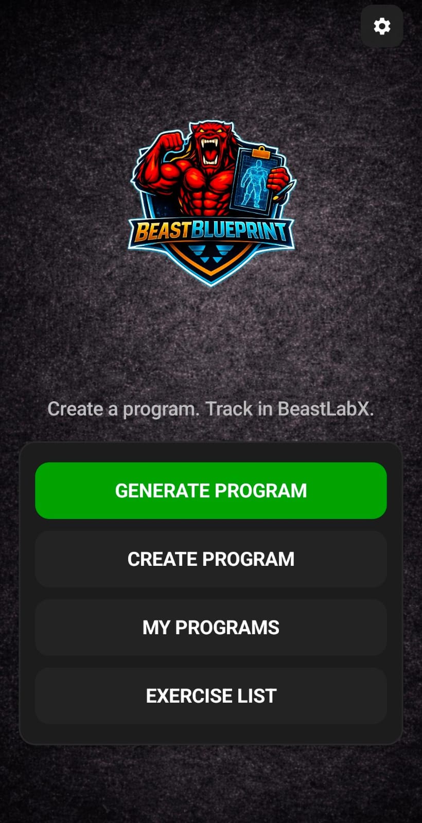 BeastBlueprint home screen