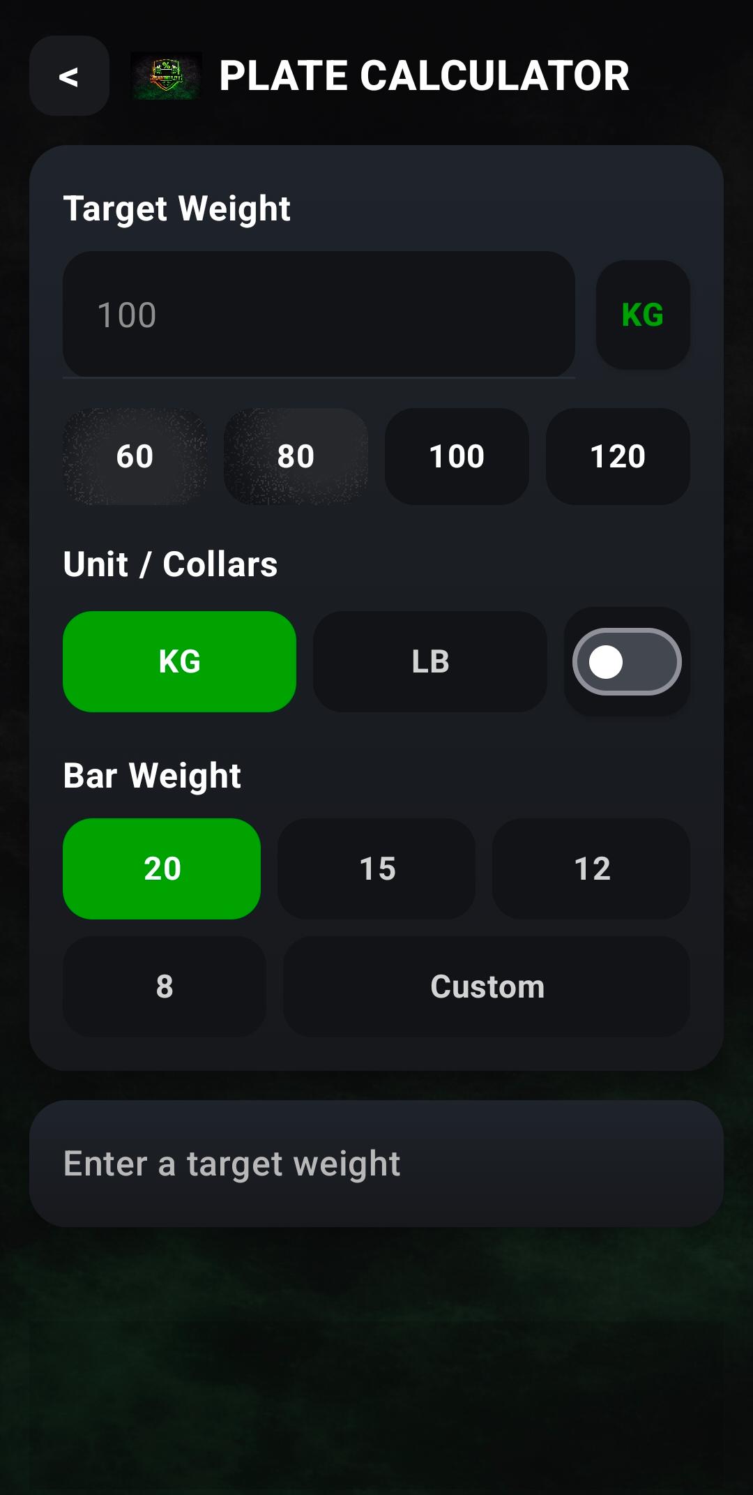 Plate calculator screen