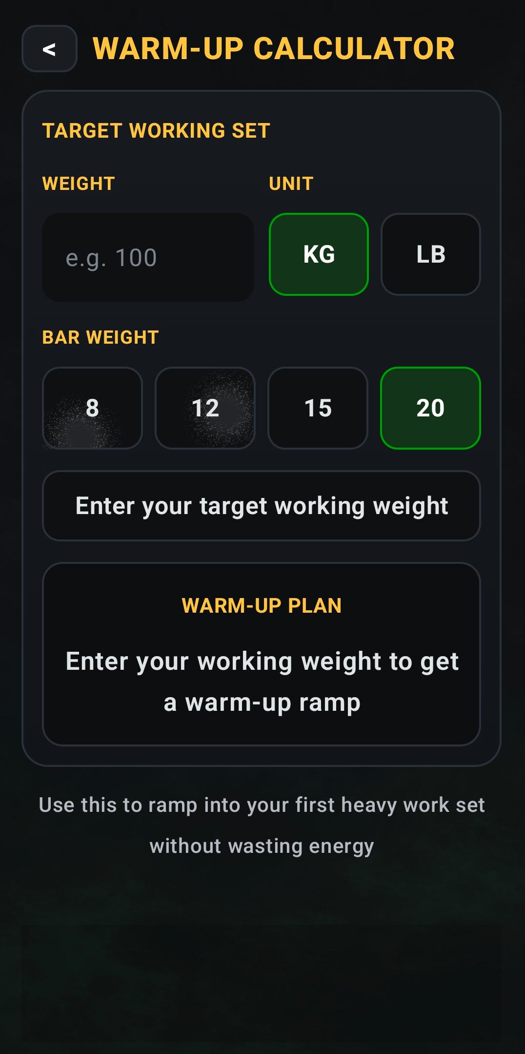Warm-up calculator screen